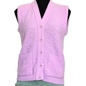 Vintage Lilac Purple Pointelle Knit Cardigan Vest Sleeveless Sweater Pockets